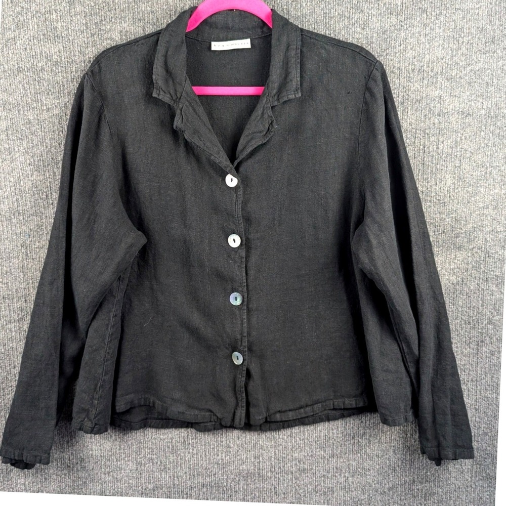 Bryn Walker M Jacket 100% Linen Black Button Up Shirt Lagenlook Boxy Layering